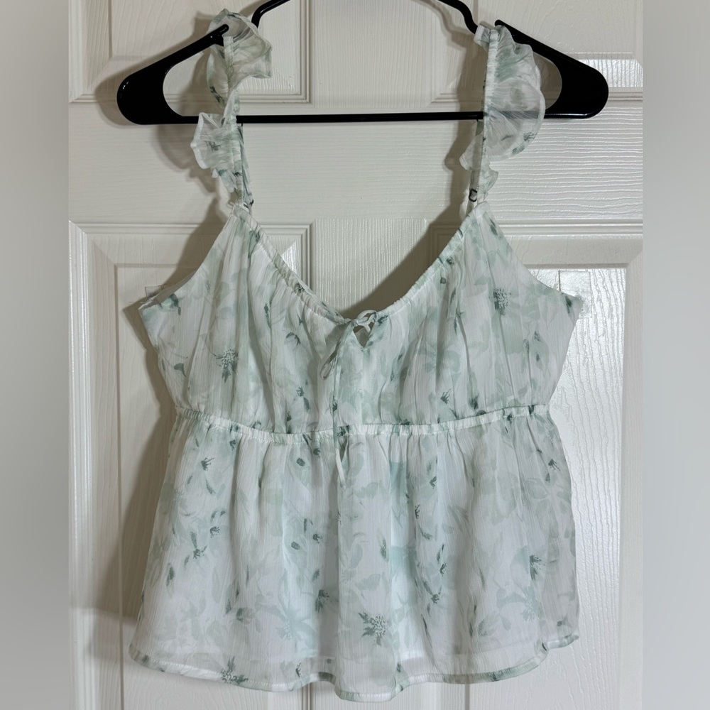 Hollister Green‎ Floral Ruffle Strap Peplum Tank Top L Tie Back Cottagecore